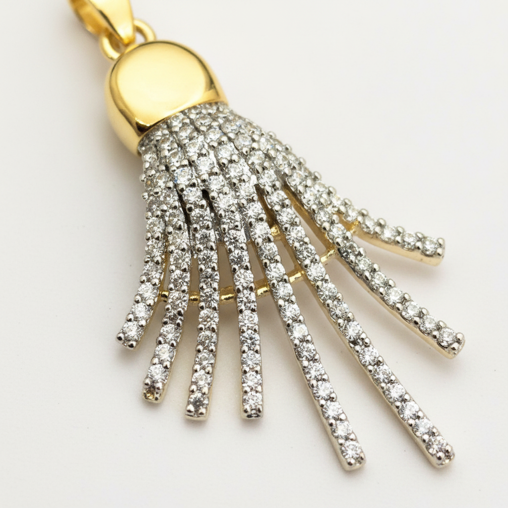 Diamond Look CZ Tassel Pendant Necklace Earrings Set | Gold Polish | O Code Jewellery
