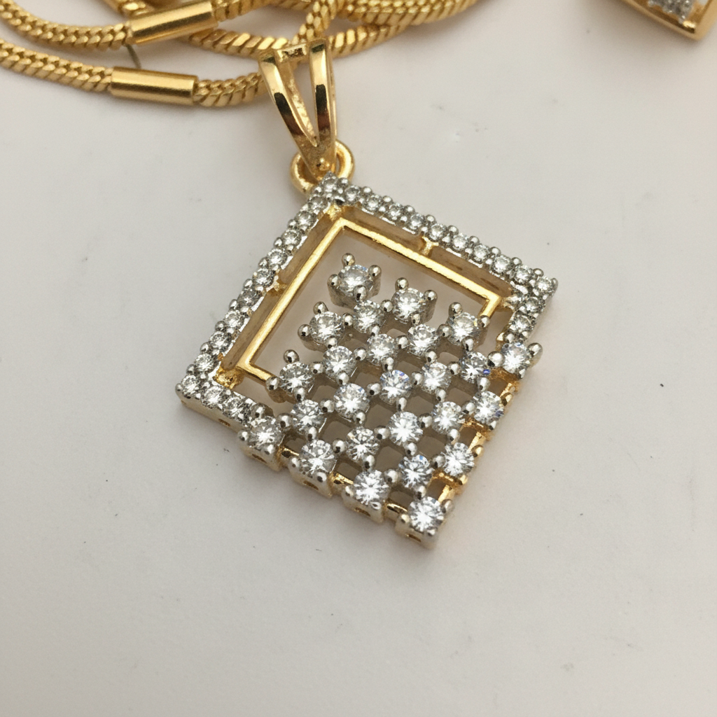 Diamond Look CZ Square Geometric Pendant Necklace Set with Earrings | Gold Polish