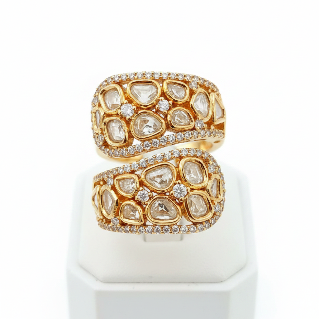 Premium Polki Kundan Moissanite Bypass Ring | Adjustable | Gold Polish