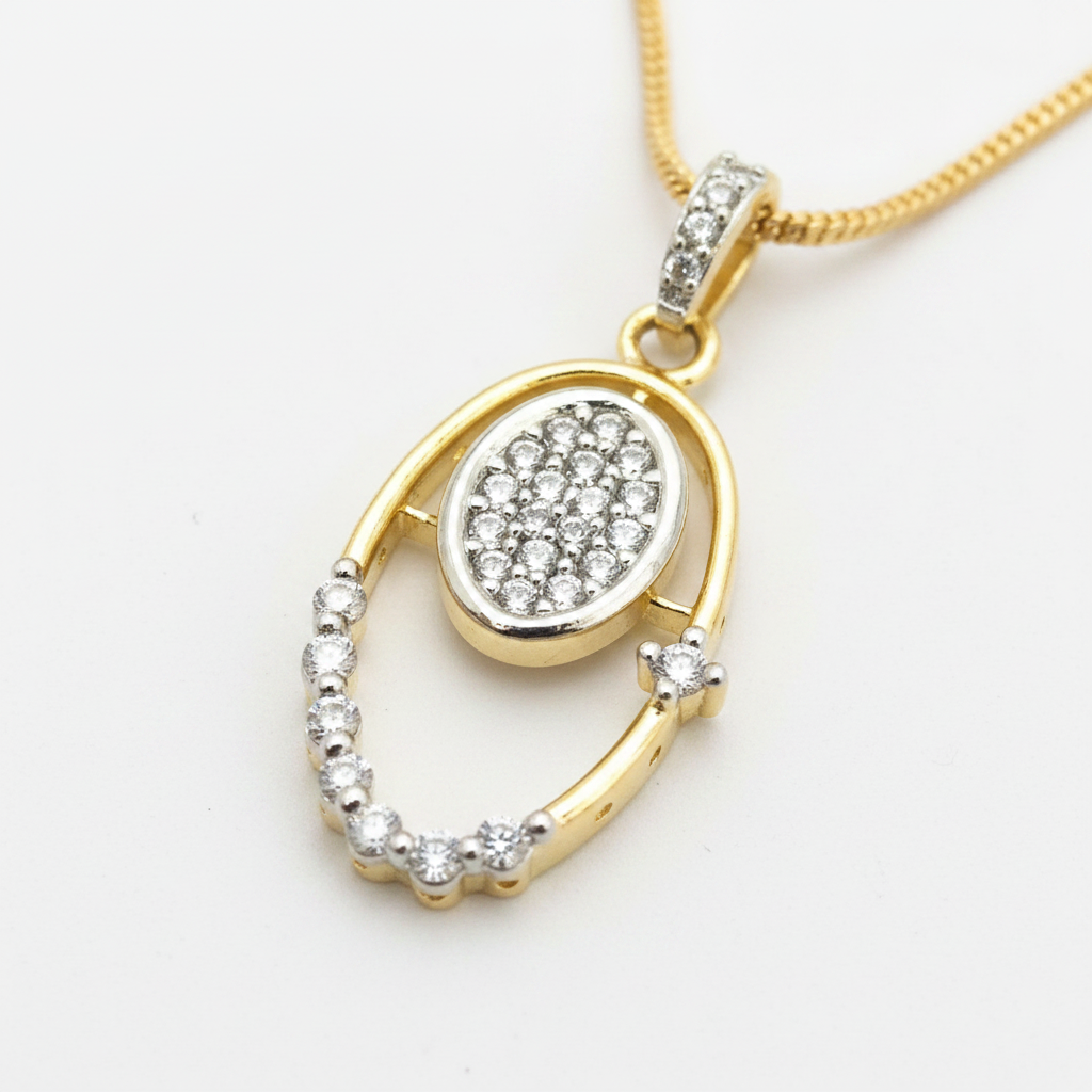 Oval CZ Cluster Pendant Necklace Set with Earrings & Pipe Chain | Gold Polish