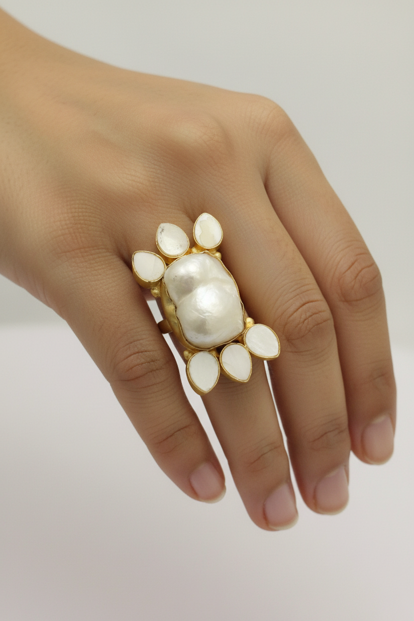 Real Mixed Round & Teardrop Pearl Fusion Ring - Adjustable - Gold Plated