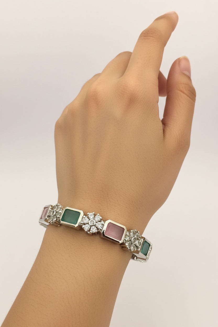 Ruby Emerald Sapphire Multi-Color CZ Bangles Set - AAA Quality - Silver Plated