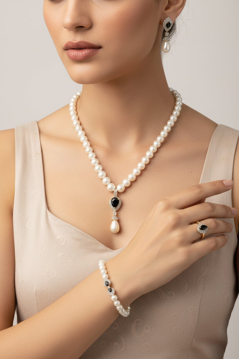 Navy Blue CZ Pearl Luxe Combo Set  (Necklace • Earrings • Ring • Bracelet)