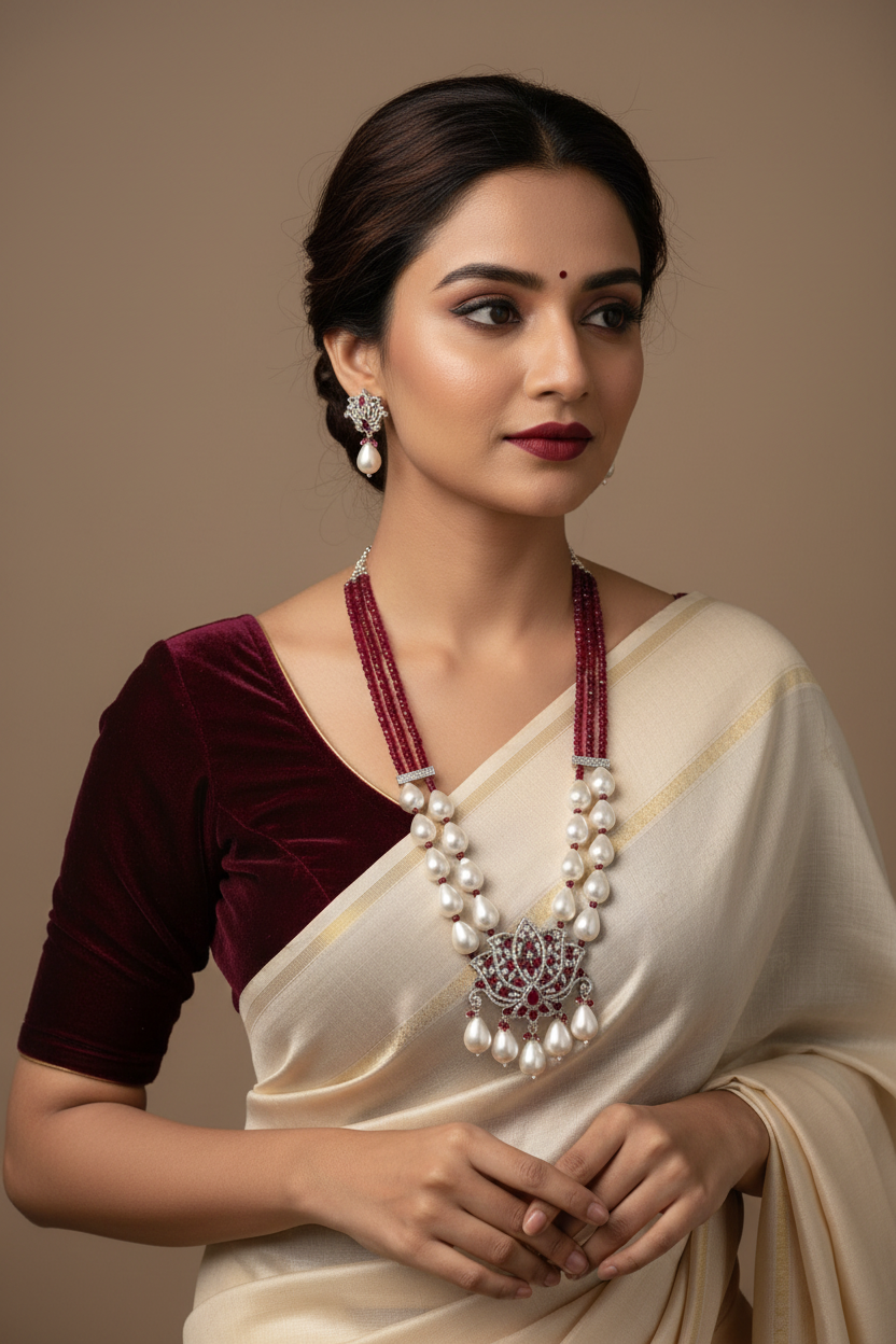 Lotus CZ Pendant Maroon Onyx & Shell Pearl Mala Set - 22 Inch - AAA Quality