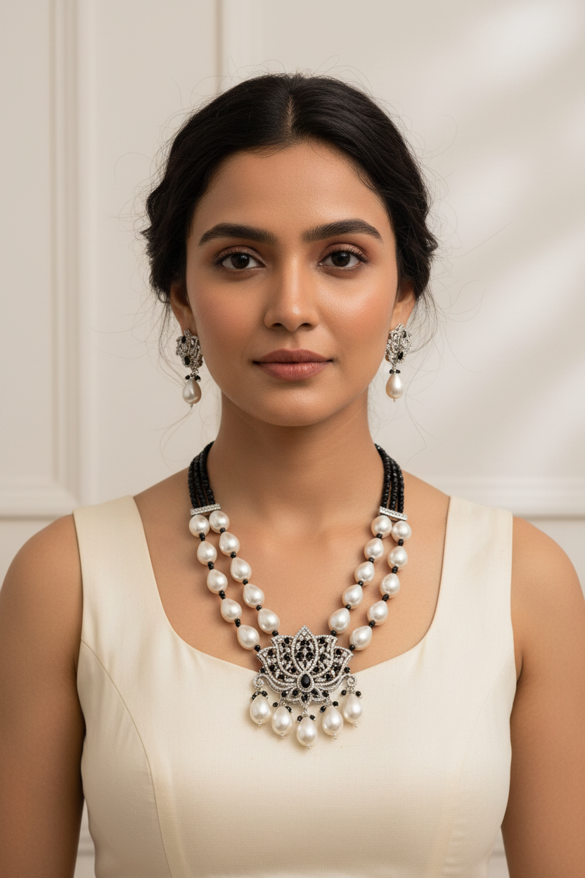 Lotus CZ Pendant Black Onyx & Shell Pearl Mala Set - 22 Inch - AAA Quality