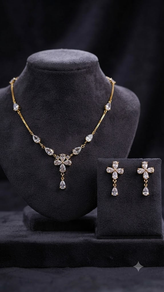 Radiant Blossom: The Diamond-Drop Floral Necklace Set