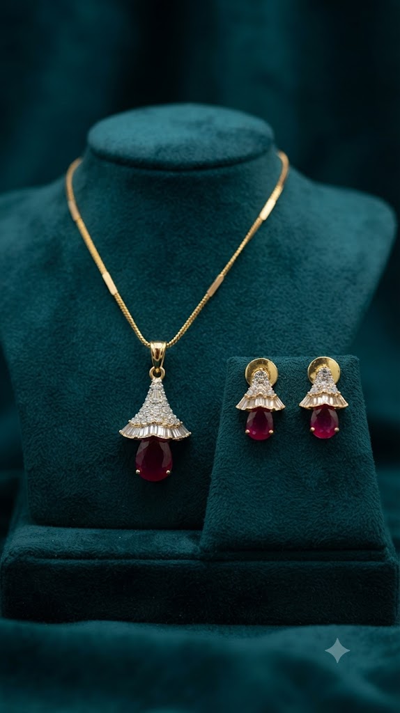 Exquisite Ruby & Diamond-Accented Gold Pendant Set