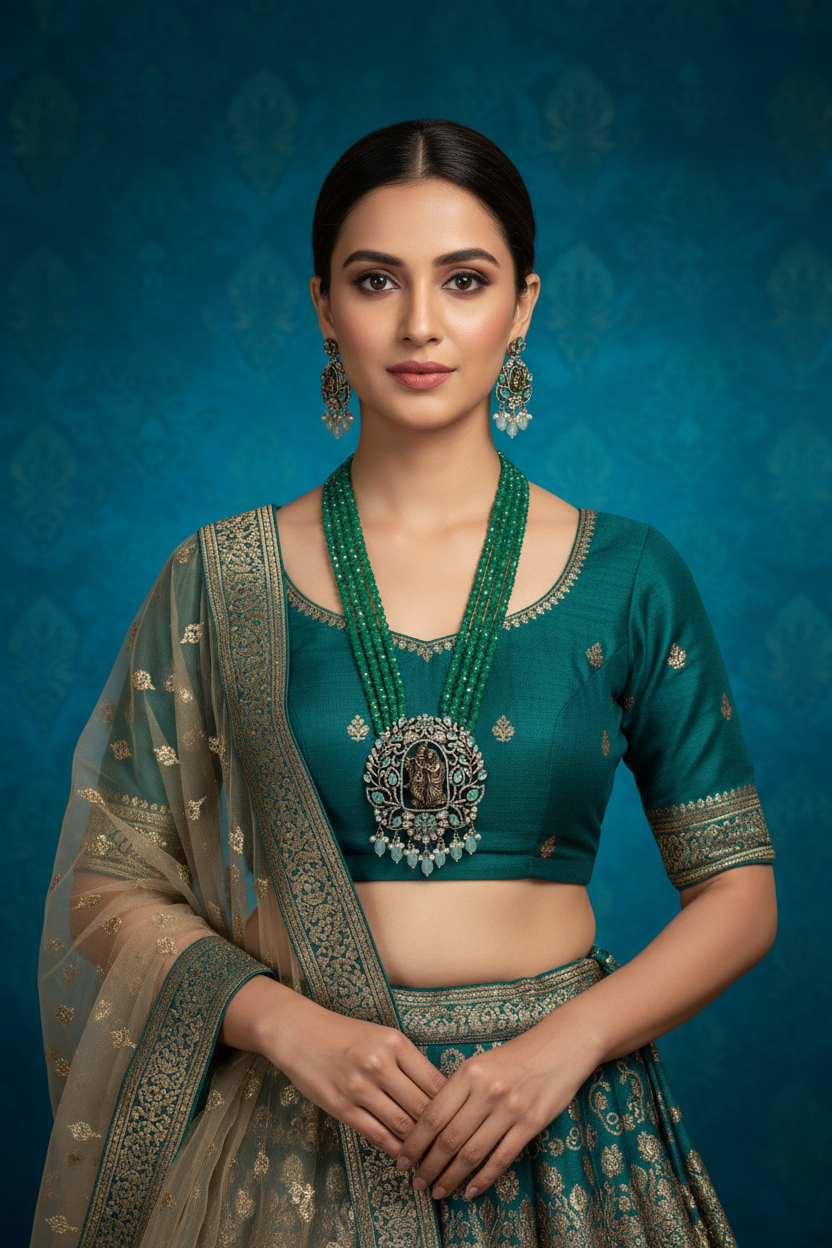 Radha Krishna Emerald Green Kundan Mala Set