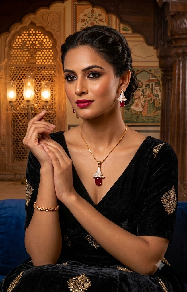 Exquisite Ruby & Diamond-Accented Gold Pendant Set