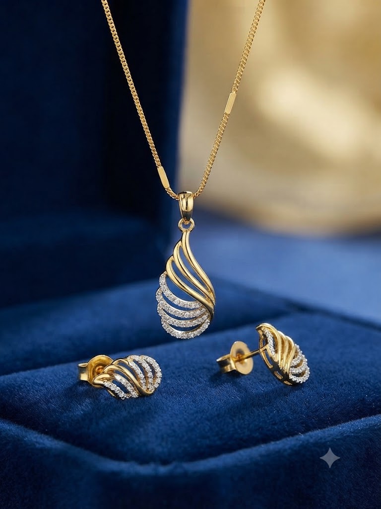 Elegant Curved Wing Diamond Pendant Set with Matching Earrings in Gold Finish