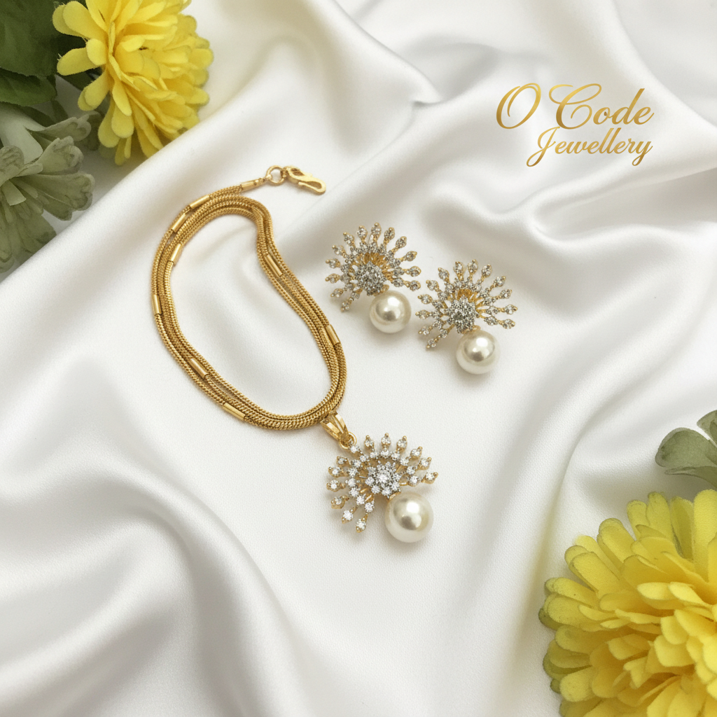 Diamond Look CZ Pendant Necklace Set with Pipe Chain | Gold Polish