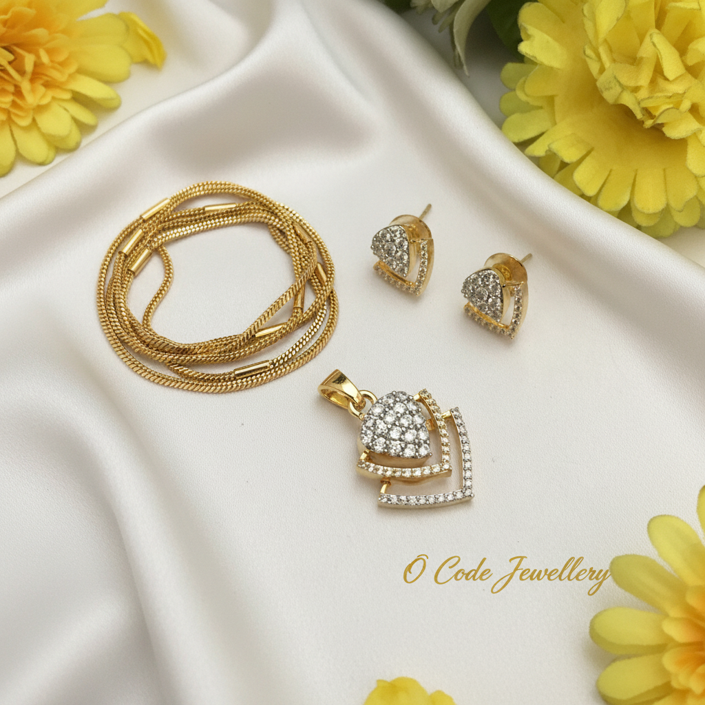 CZ Heart Cluster Pendant Necklace Set with Earrings & Pipe Chain | Gold Polish