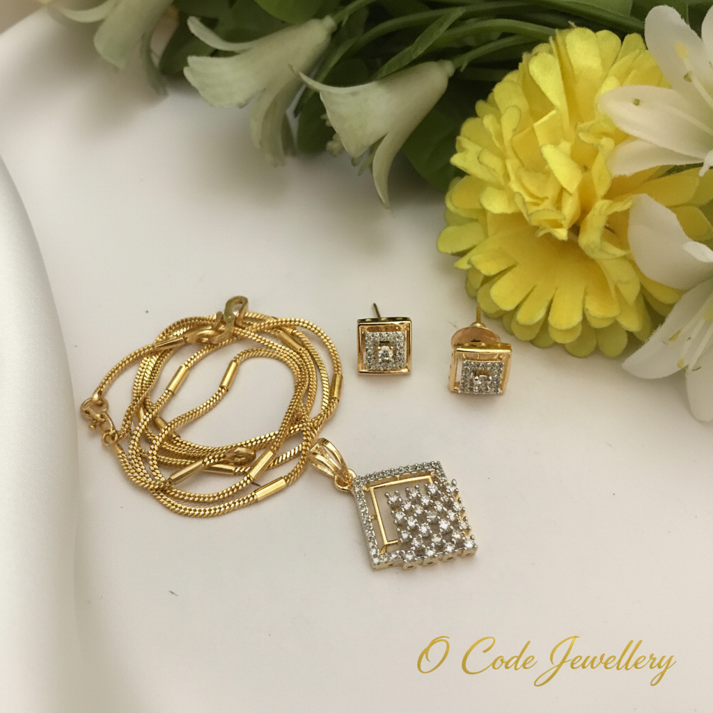 Diamond Look CZ Square Geometric Pendant Necklace Set with Earrings | Gold Polish