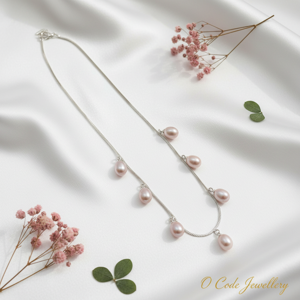 Real Freshwater Pearl Drop Charm Necklace | Silver Chain | Pink