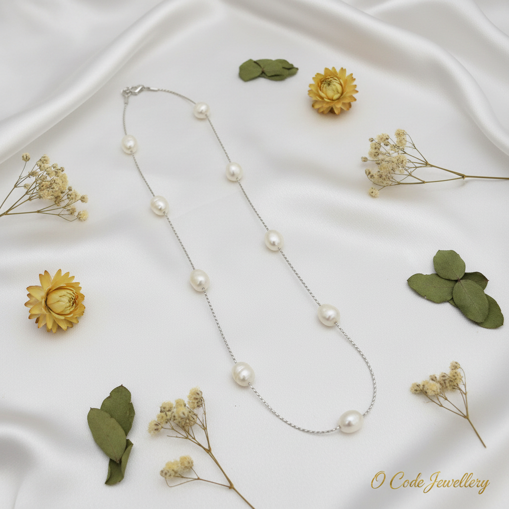 Real Freshwater Baroque Pearl Station Necklace | Silver Chain