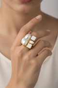 Real Square & Oval Pearl Fusion Ring - Adjustable - Gold Plated