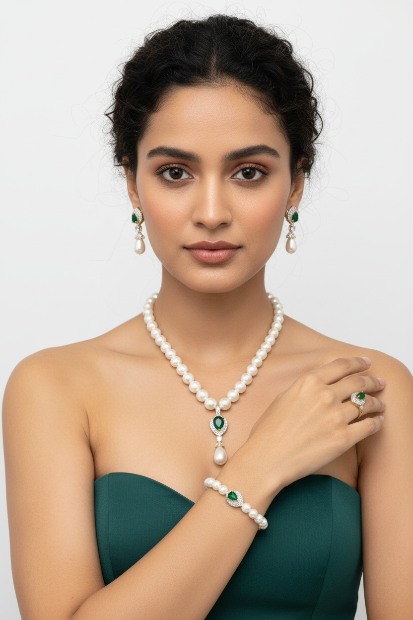 Dark Green CZ Pearl Luxe Combo Set  (Necklace • Earrings • Ring • Bracelet)