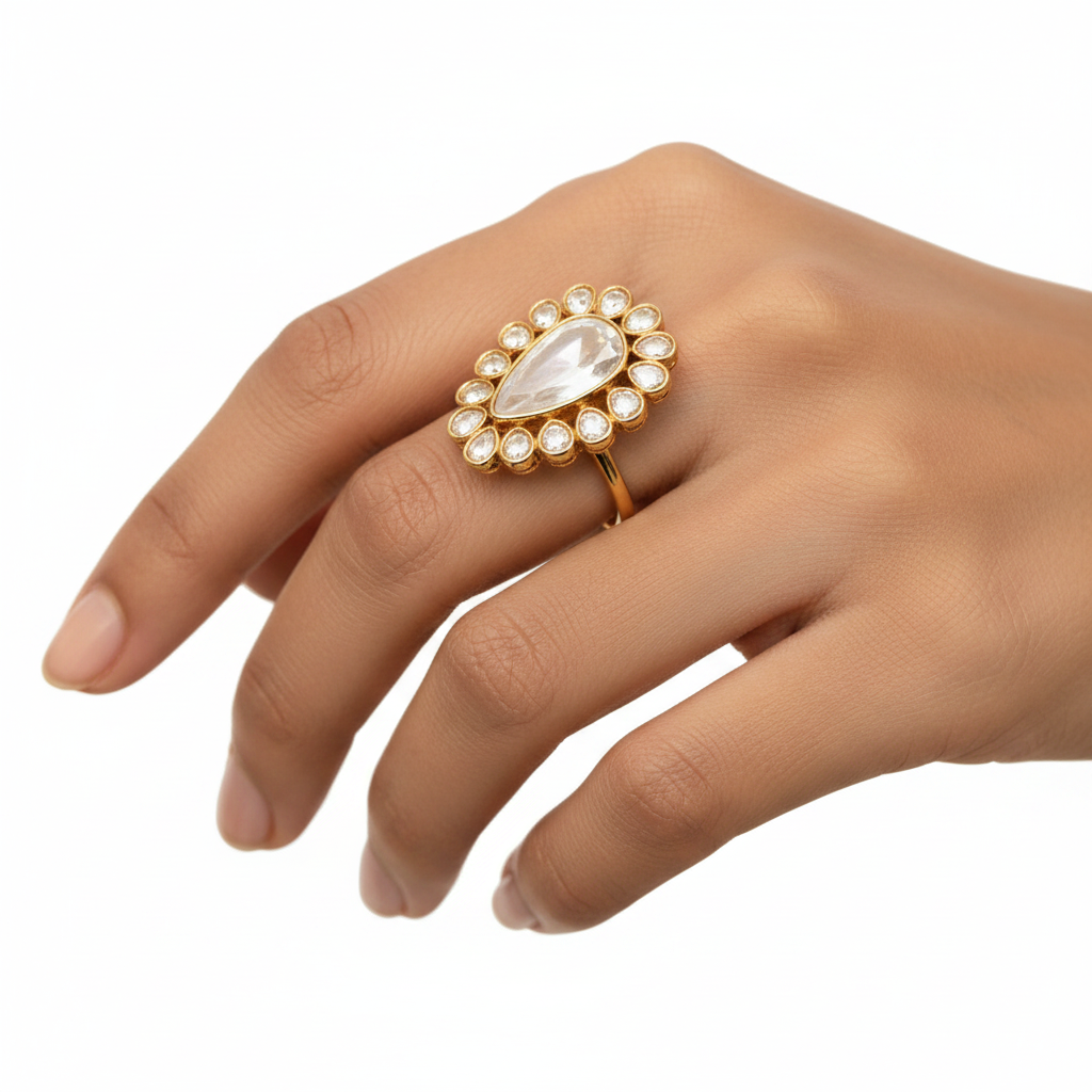 Pear Polki Kundan Ring | Gold Halo Uncut Diamond Cocktail Ring
