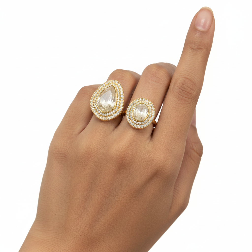 Dual Polki Moissanite LV polki kundan adjustable rings