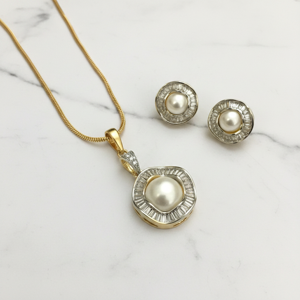 Pearl Baguette CZ Pendant Necklace Set - White Background