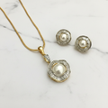Pearl Baguette CZ Pendant Necklace Set - White Background