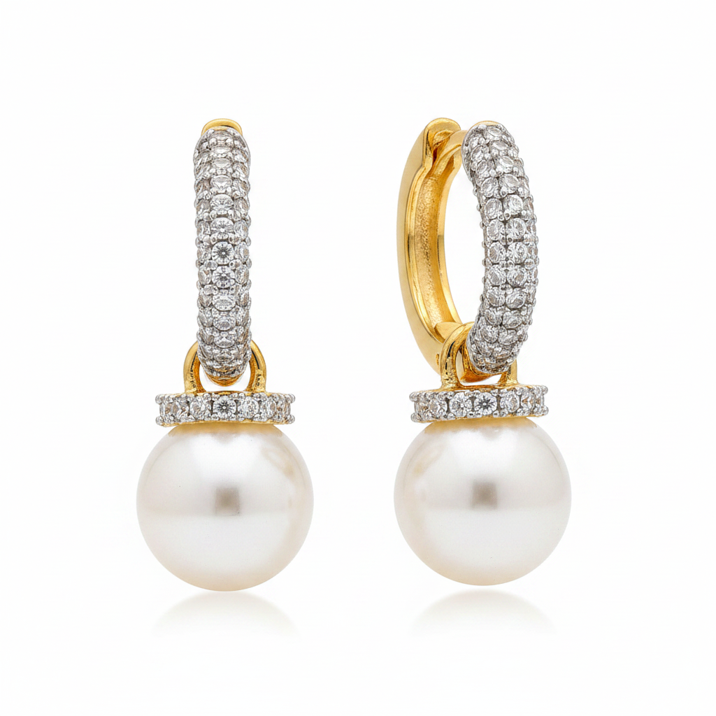 CZ Pearl Drop Bali Earrings - White Background Studio Shot