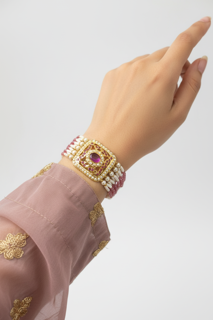 Pink Jadau Tennis Bracelet - Multi-Strand Beaded