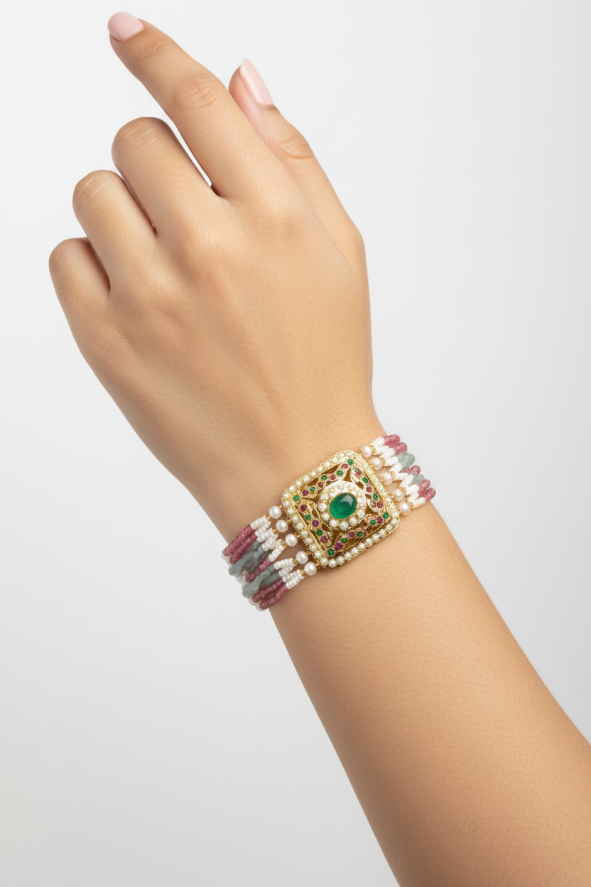 white & dusty pink Jadau Tennis Bracelet - Multi-Strand Beaded