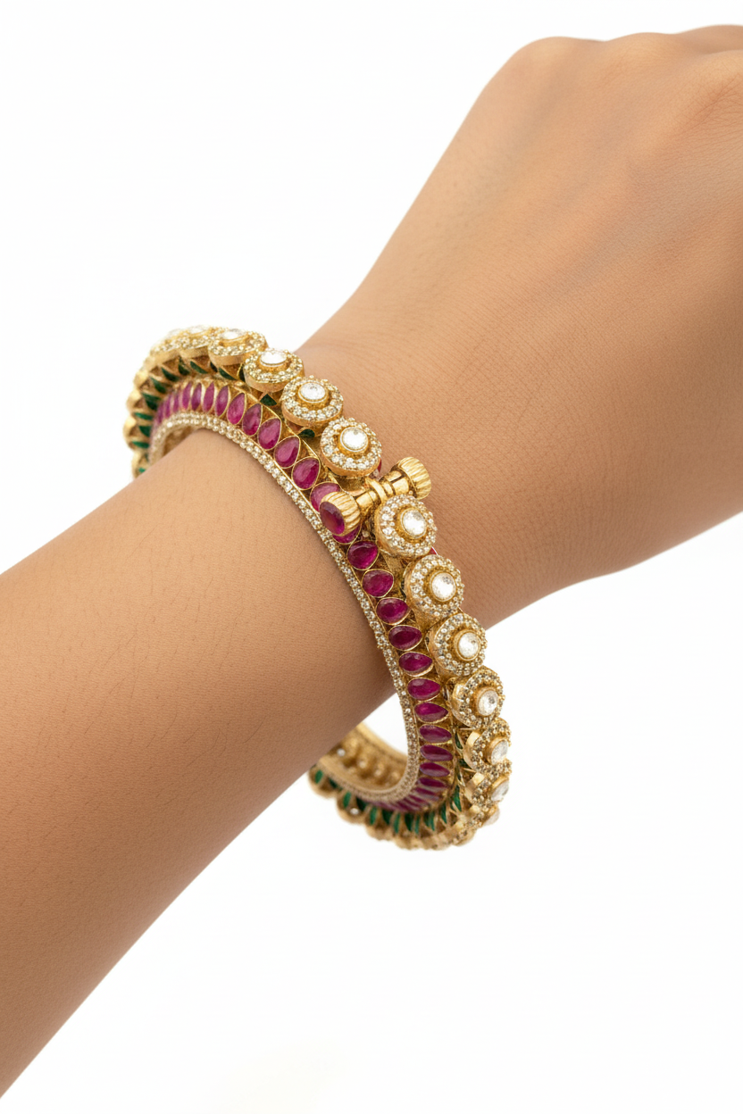 Ruby & Emerald Kundan Monalisa Bracelet - AAA CZ Finish - Gold Plated