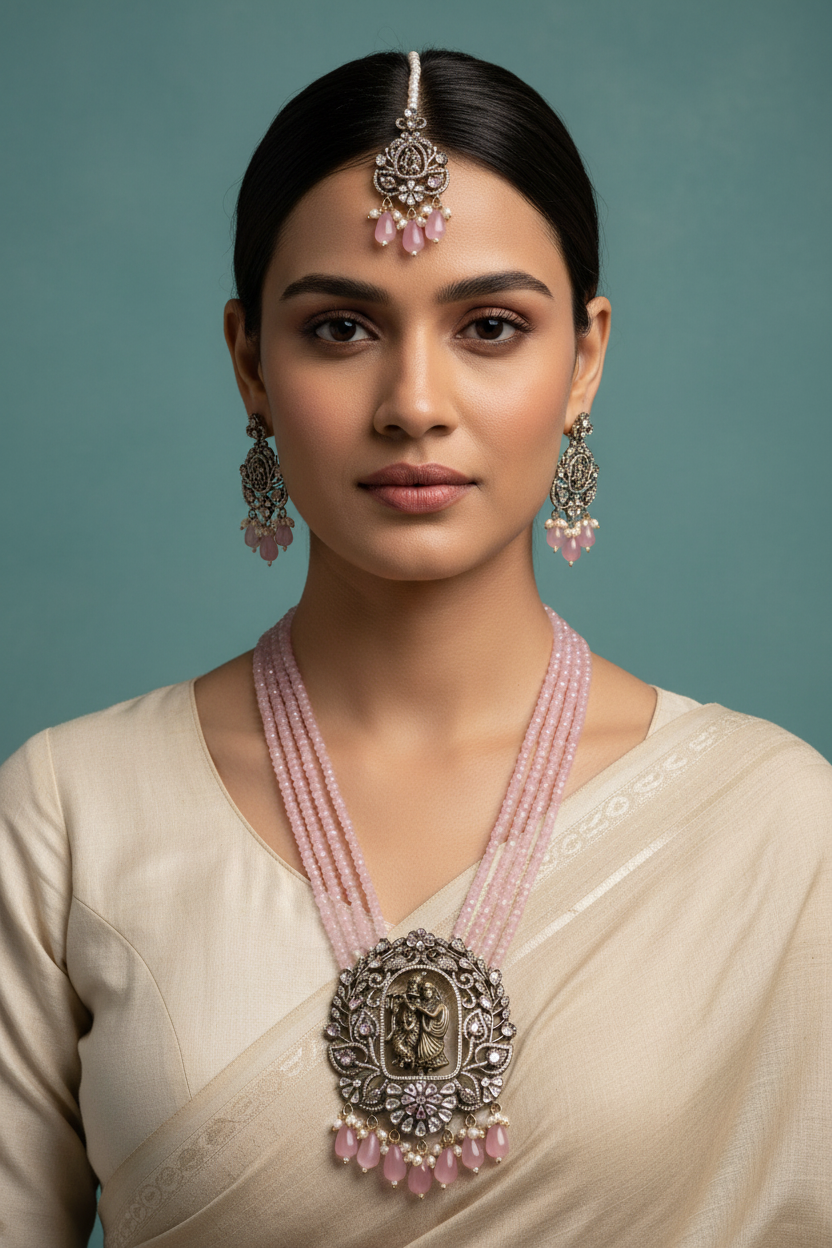 Radha Krishna Rose Pink Kundan Mala Set