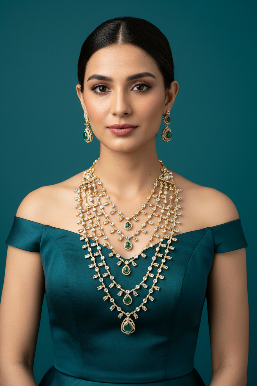 Kundan Necklace Set - Multi-Layered Emerald & Pearl Necklace Set