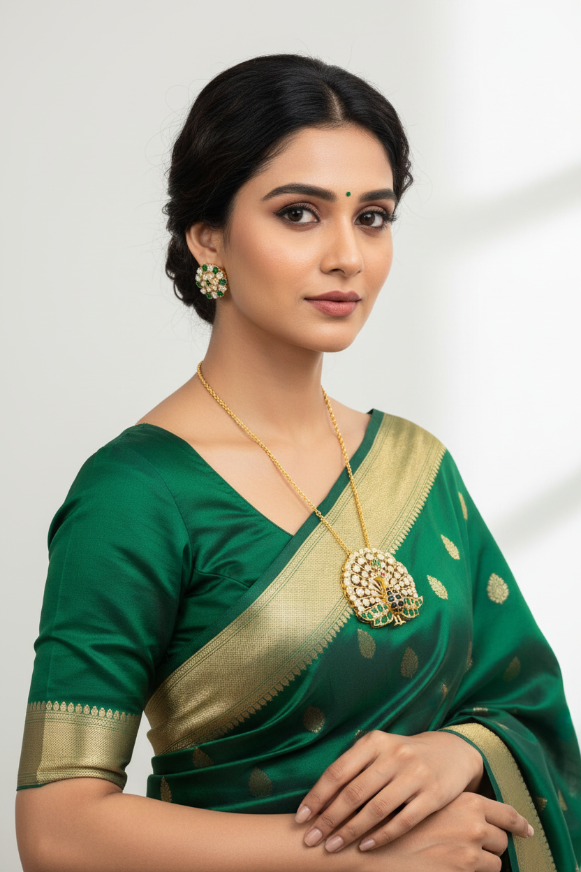 Kundan Peacock Pendant Set - Green & White Stone Necklace with Earrings