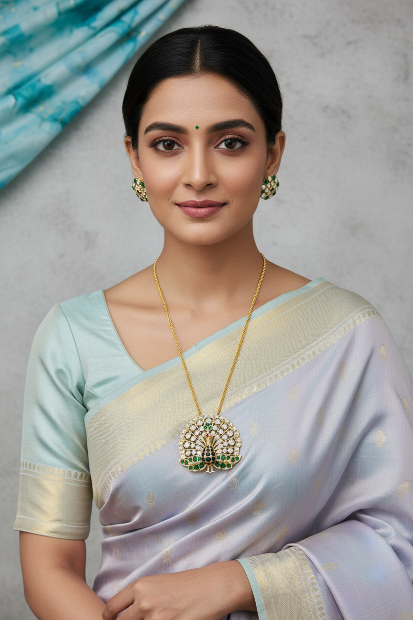 Kundan Peacock Pendant Set - Green & White Stone Necklace with Earrings