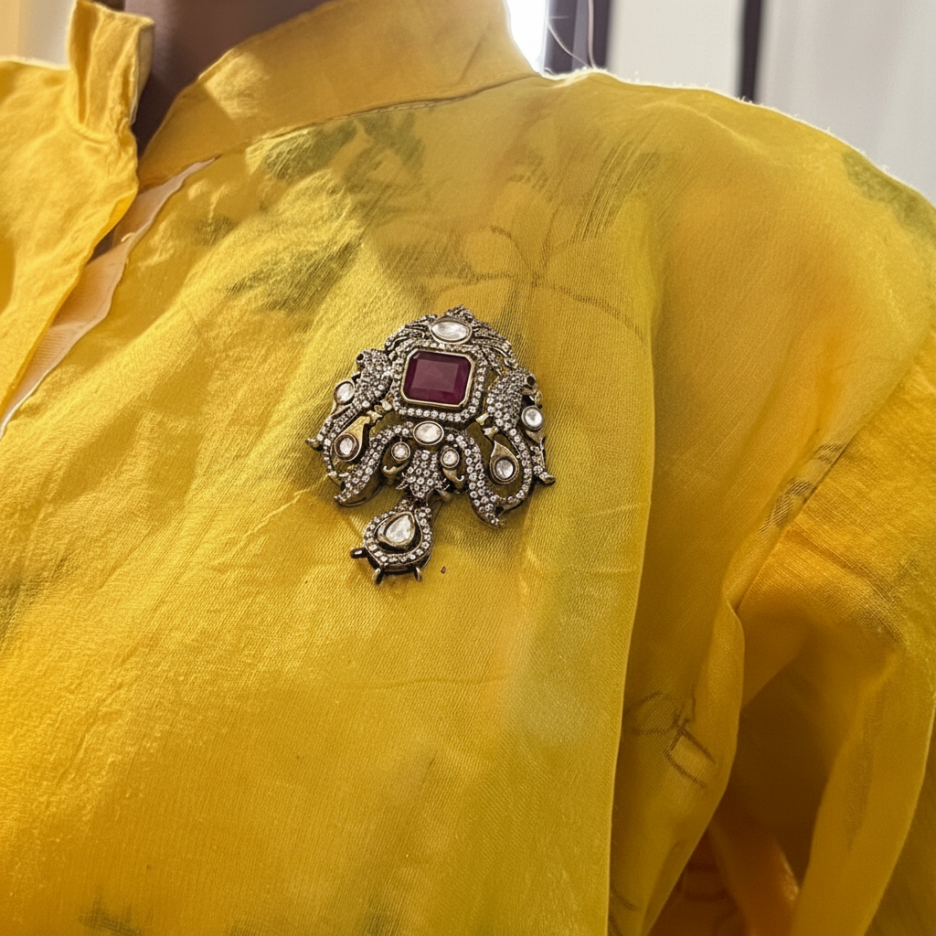 Premium Antique Polish Polki Kundan Brooch with Ruby Centre & Drop