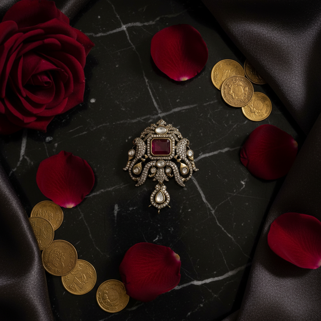 Premium Antique Polish Polki Kundan Brooch with Ruby Centre & Drop