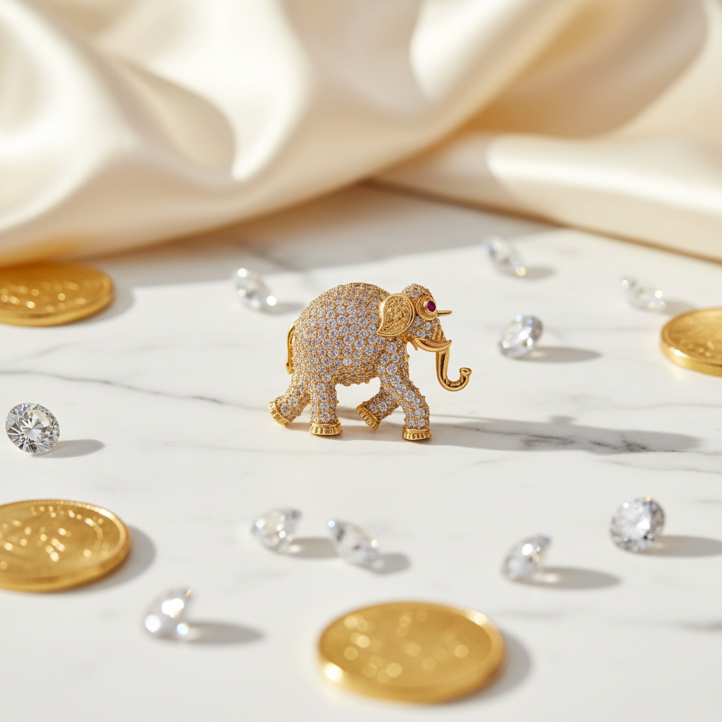 Beautiful Elephant Design Victorian Polish CZ Brooch with Ruby Eye
