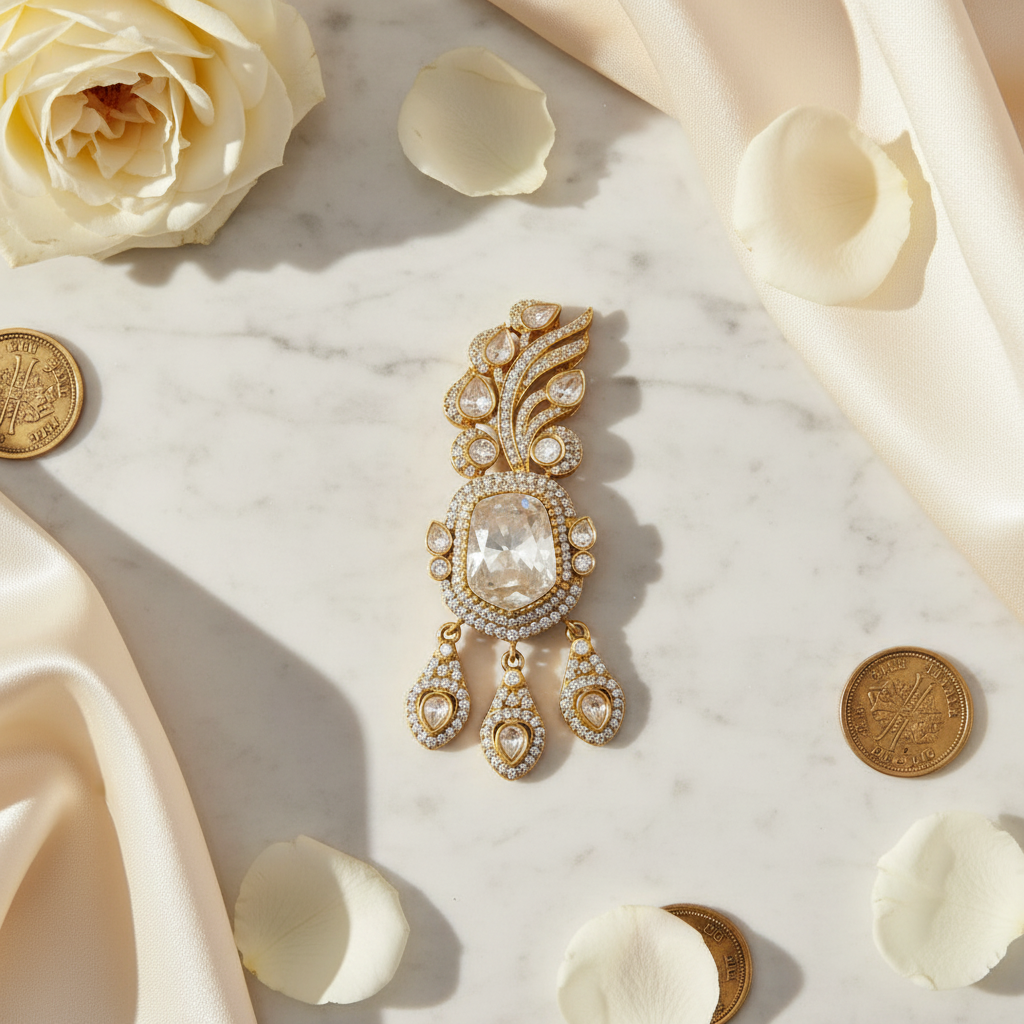 Premium Moissanite Polki Kundan Brooch with Triple Drop
