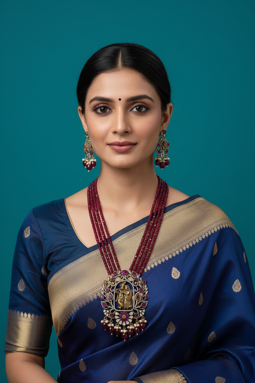 Radha Krishna Emerald Maroon Kundan Mala Set