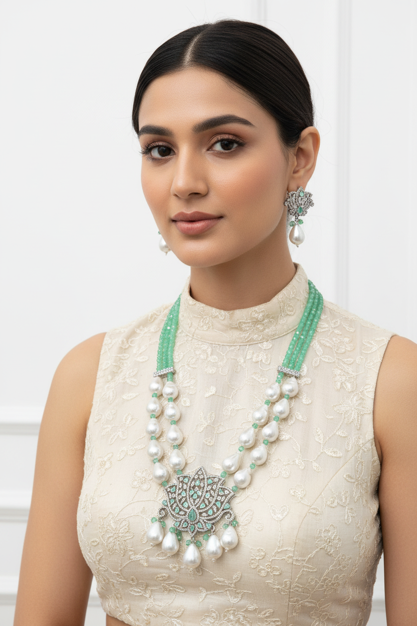 Lotus CZ Pendant Mint Green Onyx & Shell Pearl Mala Set - 22 Inch - AAA Quality
