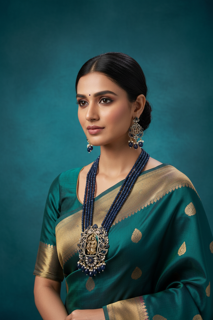 Radha Krishna Navy Blue Kundan Mala Set