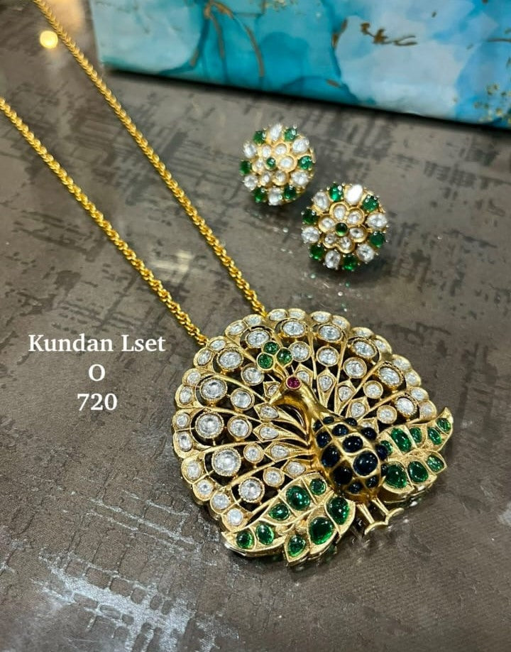 Kundan Peacock Pendant Set - Green & White Stone Necklace with Earrings
