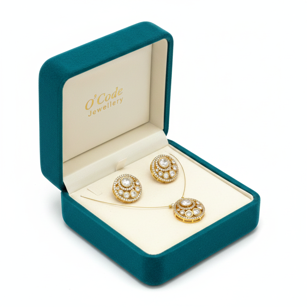 Premium Polki Kundan Antique Gold Polish Round Pendant & Earring Set