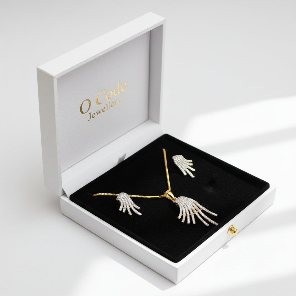 Diamond Look CZ Tassel Pendant Necklace Earrings Set | Gold Polish | O Code Jewellery