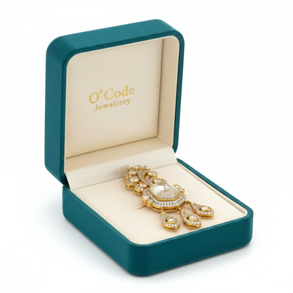Premium Moissanite Polki Kundan Brooch with Triple Drop