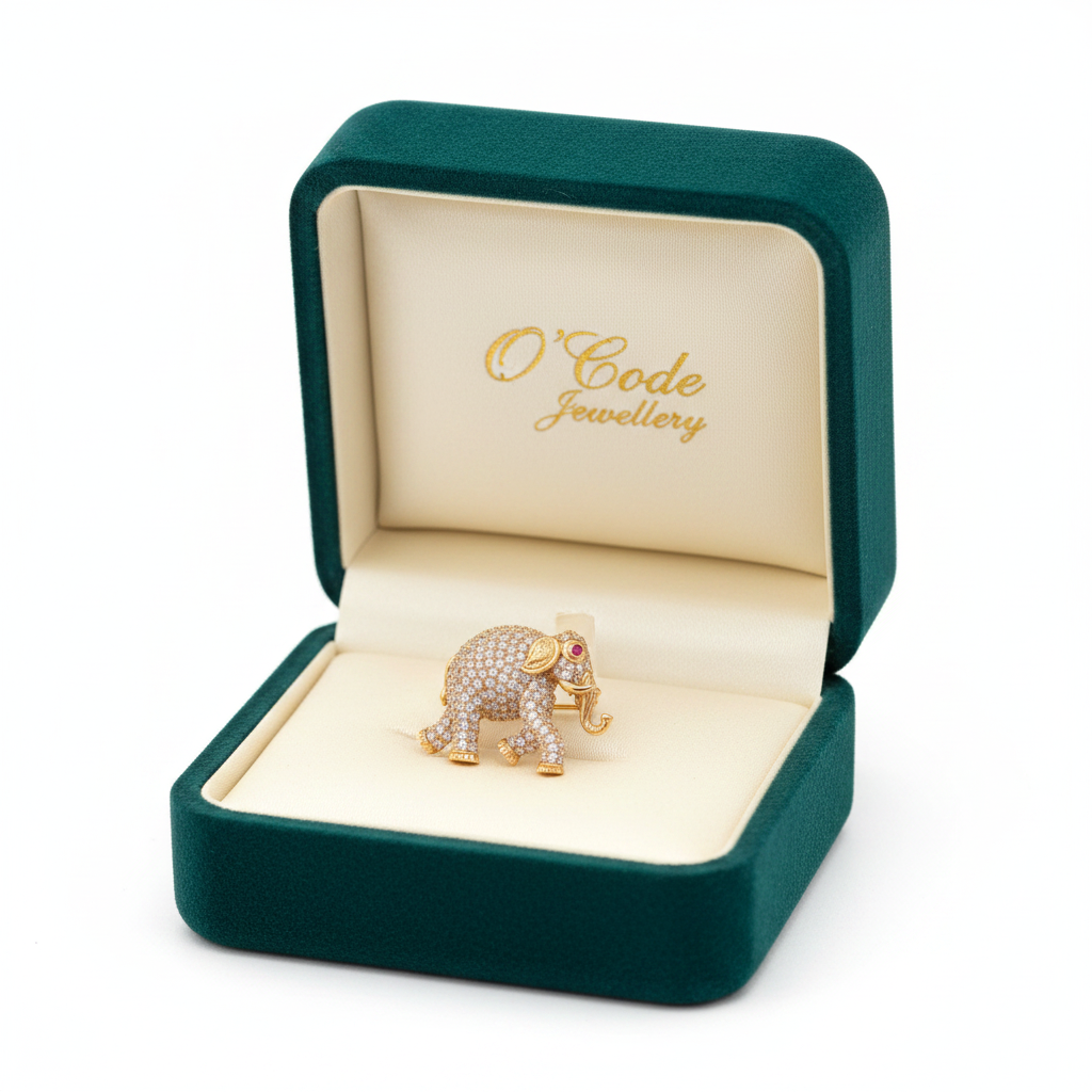 Beautiful Elephant Design Victorian Polish CZ Brooch with Ruby Eye