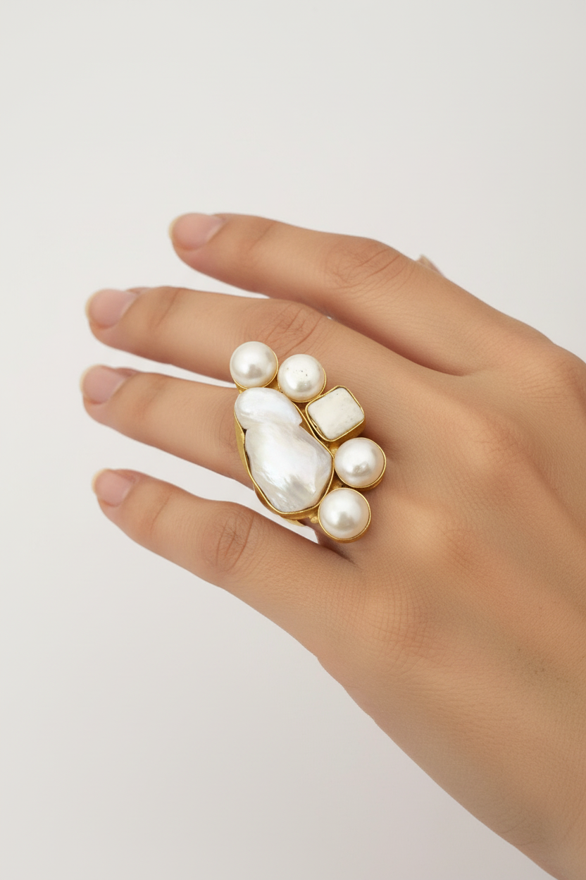Real Round Pearl & Square MOP Fusion Ring - Adjustable - Gold Plated