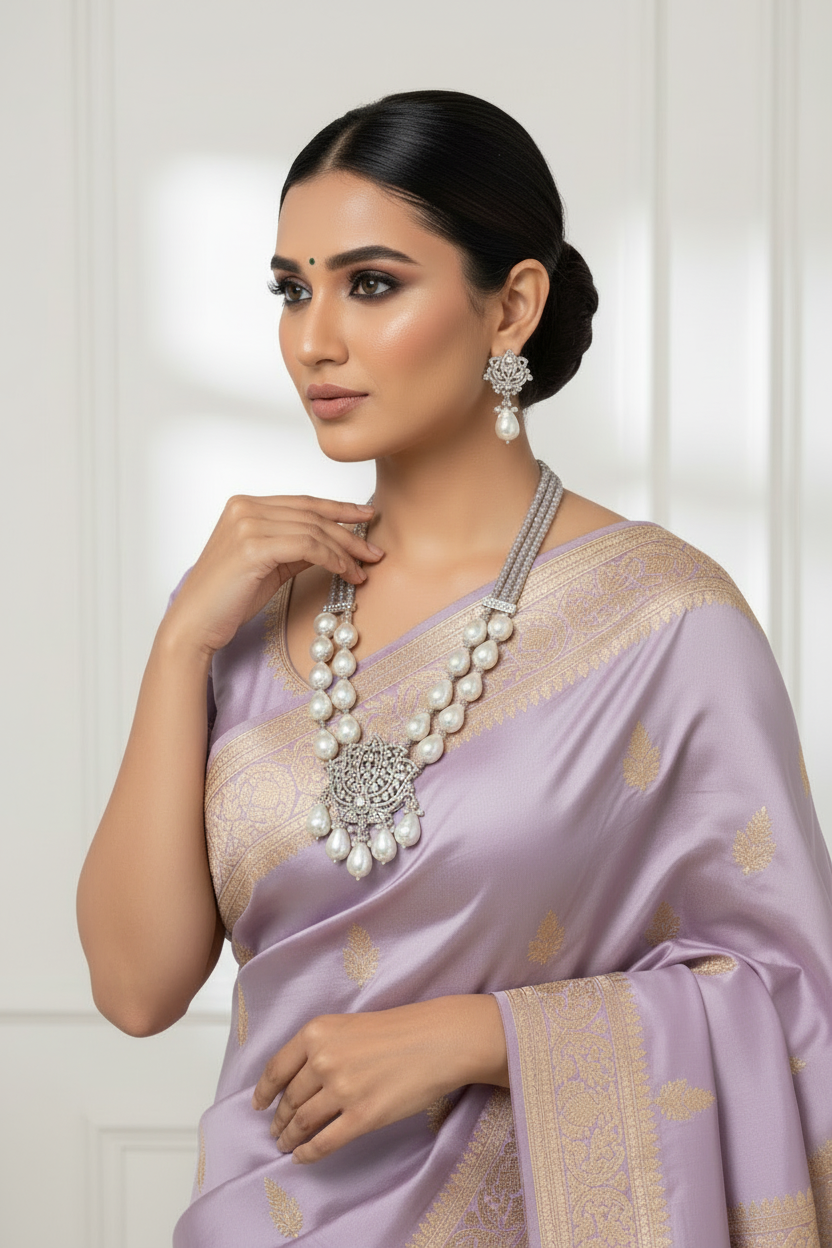 Lotus CZ Pendant Grey Onyx & Shell Pearl Mala Set - 22 Inch - AAA Quality