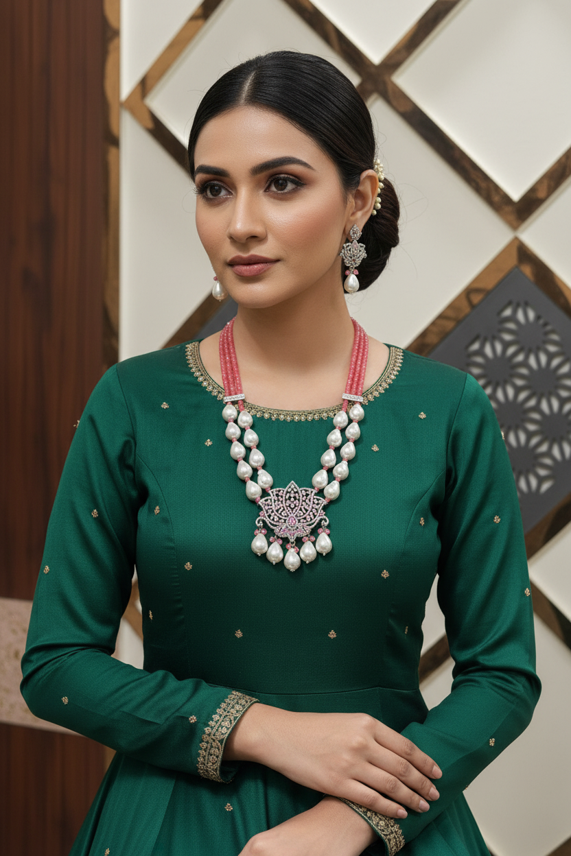 Lotus CZ Pendant Pink Onyx & Shell Pearl Mala Set - 22 Inch - AAA Quality