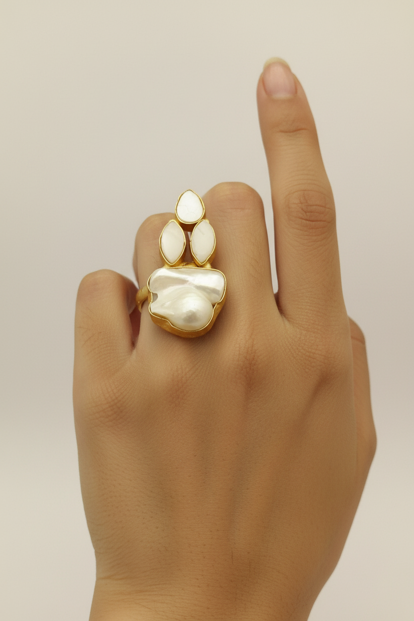 Real Marquise Pearl Cluster Fusion Ring - Adjustable - Gold Plated