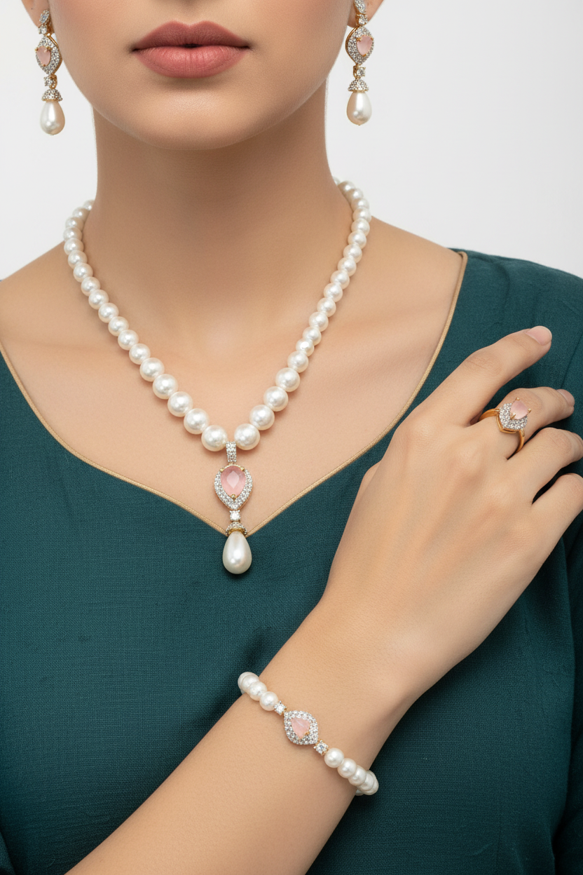 Pink CZ Pearl Luxe Combo Set  (Necklace • Earrings • Ring • Bracelet)